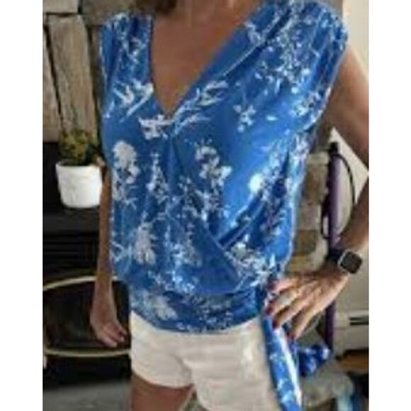INC International Concepts Wrap Top XS NWT Blue White Floral Tie Waist - Picture 1 of 10